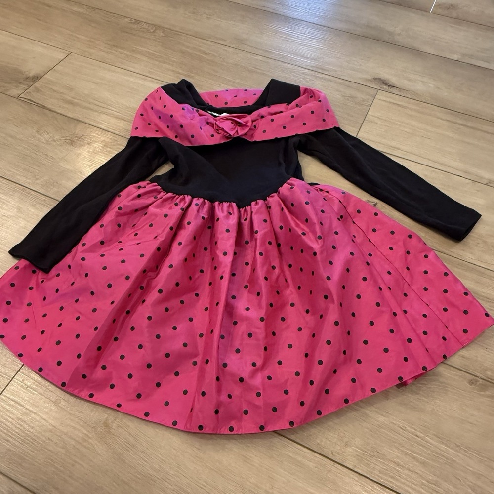 Vintage Alyssa Girls Dress Size 7 Pink Black Polka Dot Long Sleeve Party Dress